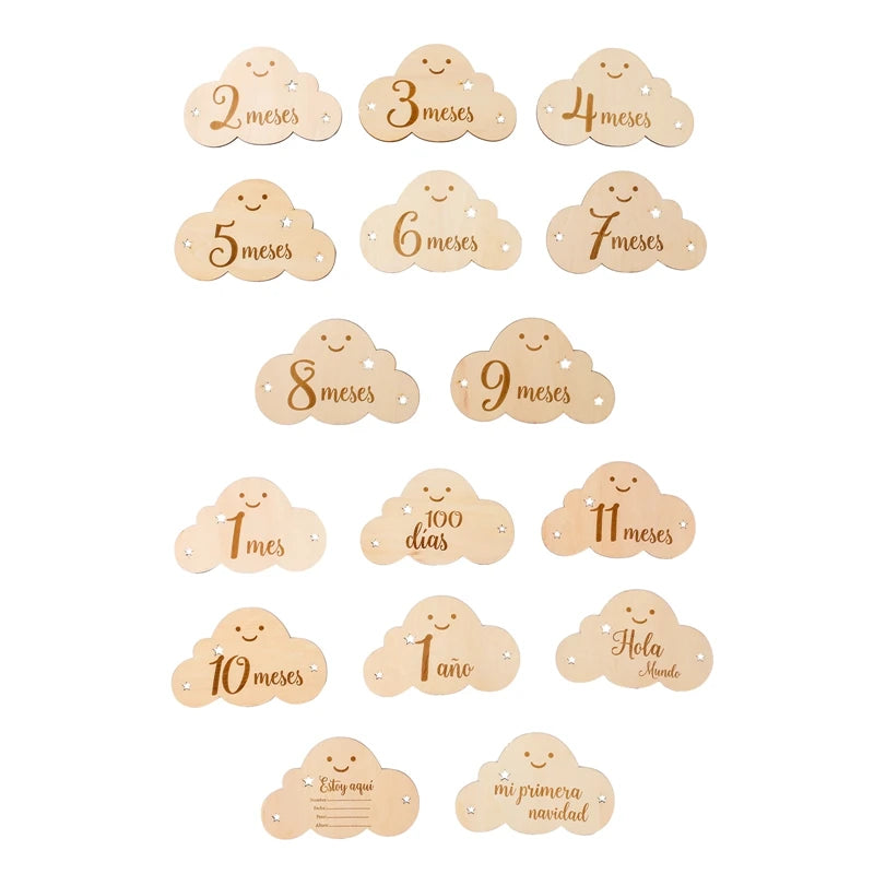 Set de 8 Tarjetas de Madera para Hitos del Bebé – Diseño en Forma de Nube ☁️