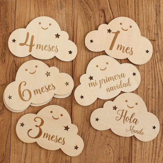 Set de 8 Tarjetas de Madera para Hitos del Bebé – Diseño en Forma de Nube ☁️